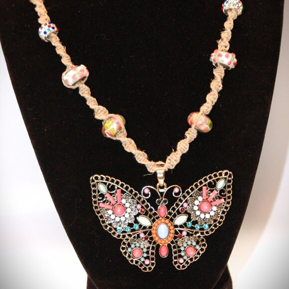 Large Multi-colored Gold Toned Butterfly on a Tan  Handmade Hemp 17" Necklace - Picture 1 of 4